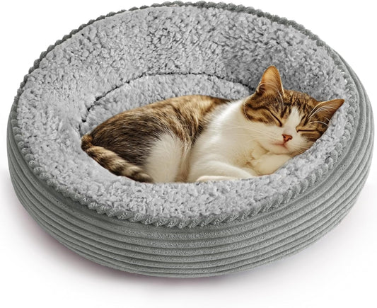 Love'S Cabin round Donut Cat and Dog Cushion Bed, 20In Pet Bed for Cats or Small Dogs, Anti-Slip & Water-Resistant Bottom, Super Soft Durable Fabric Pet Beds, Washable Luxury Bed Solid Grey Stripe