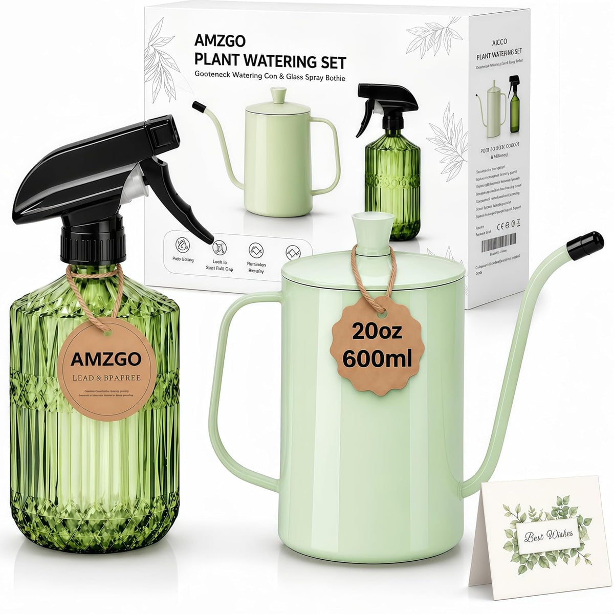 2 Pack Small Watering Can for Indoor Plants, 20 Oz Metal Plant Watering Can with Long Spout for House Plants, 13.5 Oz Glass Plant Mister Spray Bottle for Bonsai Garden Flowers Decorative