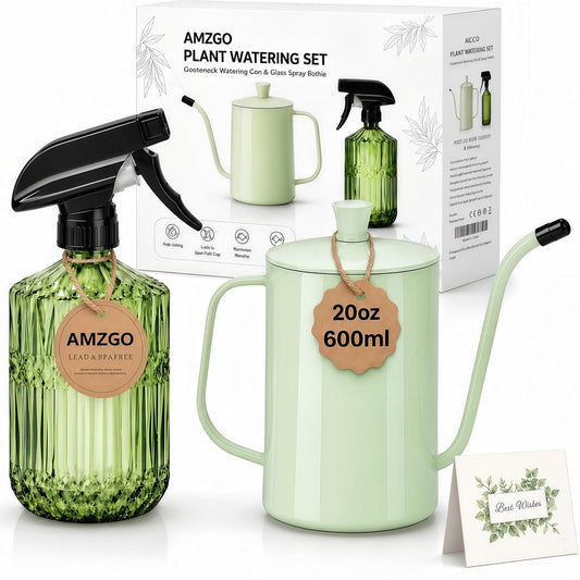 2 Pack Small Watering Can for Indoor Plants, 20 Oz Metal Plant Watering Can with Long Spout for House Plants, 13.5 Oz Glass Plant Mister Spray Bottle for Bonsai Garden Flowers Decorative