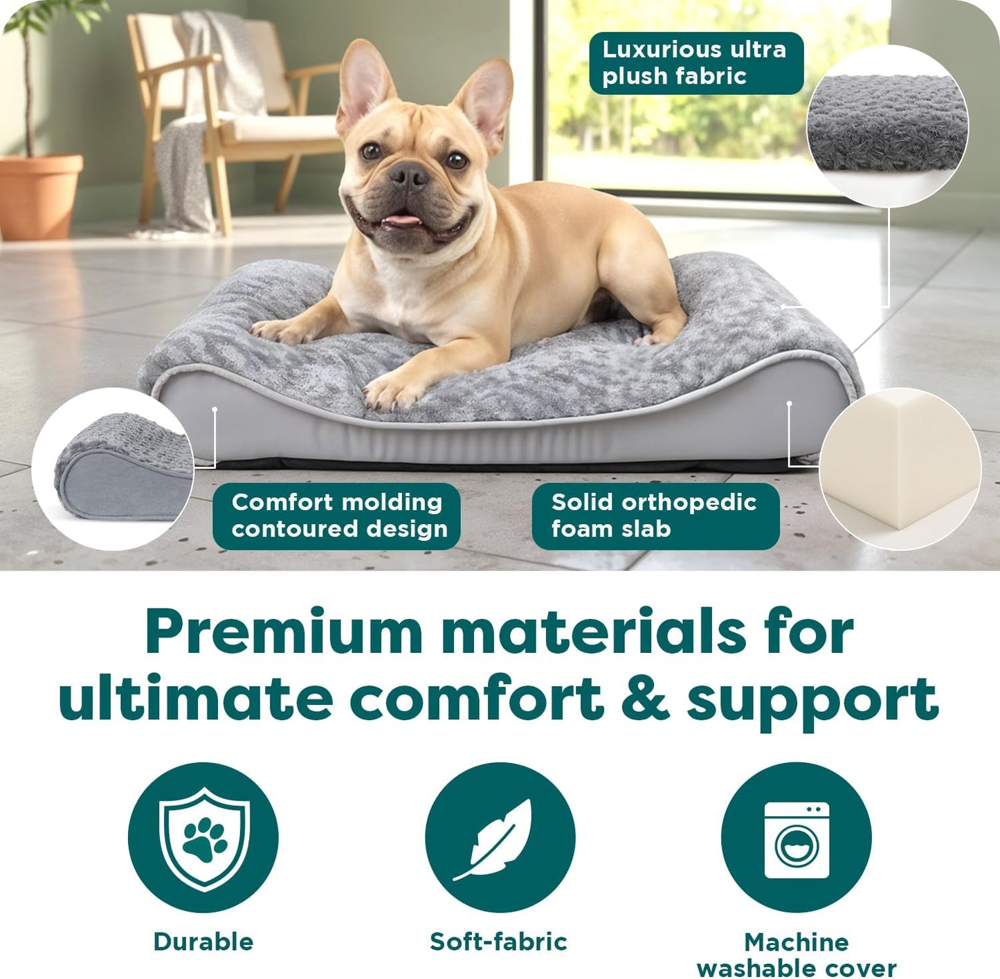 Orthopedic Dog Bed for Medium Dogs, Luxe Lounger Contour Mattress with Solid Orthopedic Foam Slab for Joint Support, Removable Washable Cover, Medium, Faux Fur & Suede, Gray