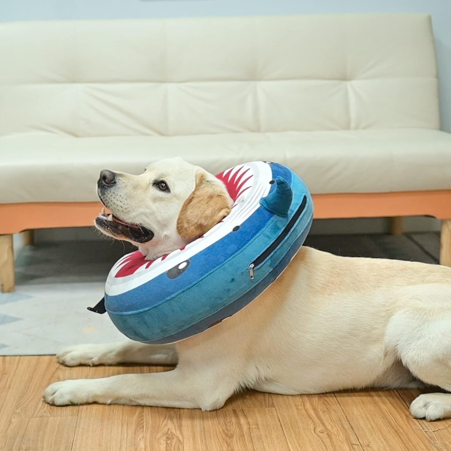 BEAUTYZOO Dog Cone Alternative after Surgery for Large Medium Small Dogs, Soft Inflatable Cone Collar for Dogs Cats, Dog Neck Donut E Collar Dogs Recovery Collar to Stop Licking, Shark Blue, M