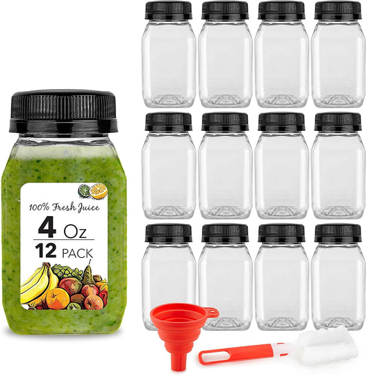Stock Your Home 4 Ounce Mini Bottles for Mini Fridge, Reusable Juice Containers with Black Caps, Small Bottle for Liquids in Lunch Box, Clear Empty Plastic Container with Lids for Juicing (12 Pack)