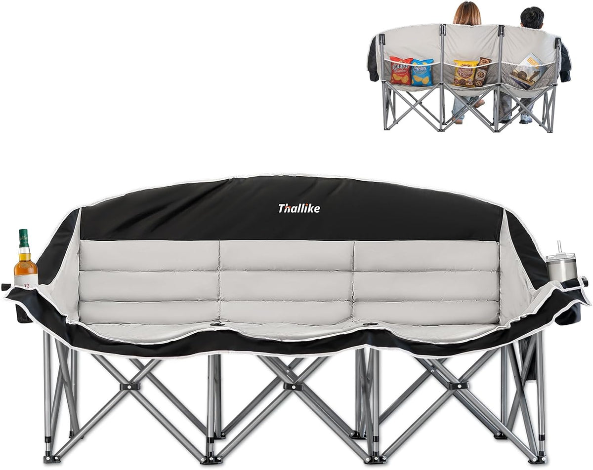 3 Person Camping Chair, Padded Loveseat Camping Couch for Adults, Black
