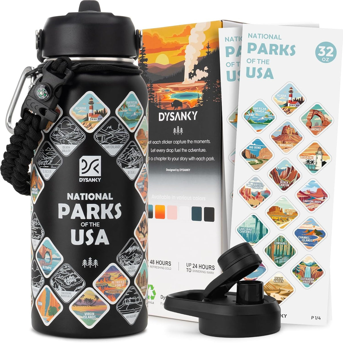 DYSANKY National Parks Water Bottle – 32 Oz Insulated Stainless Steel Water Jug with 63 Hand-Drawn Park Stickers, Outdoor Accessories & Gift Box – Bpa-Free – Ideal for Hiking, Camping & Travel