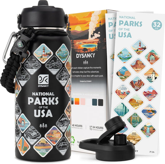 DYSANKY National Parks Water Bottle – 32 Oz Insulated Stainless Steel Water Jug with 63 Hand-Drawn Park Stickers, Outdoor Accessories & Gift Box – Bpa-Free – Ideal for Hiking, Camping & Travel