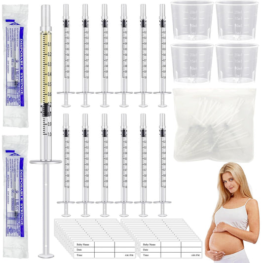 50PCS Colostrum Collector Kit Include 1Ml Breastmilk Collector Syringes with Caps 4Pcs Measuring Cups 60 Stickers and Collection Bag Breast Colostrum Collection Gift Set for Breastfeeding