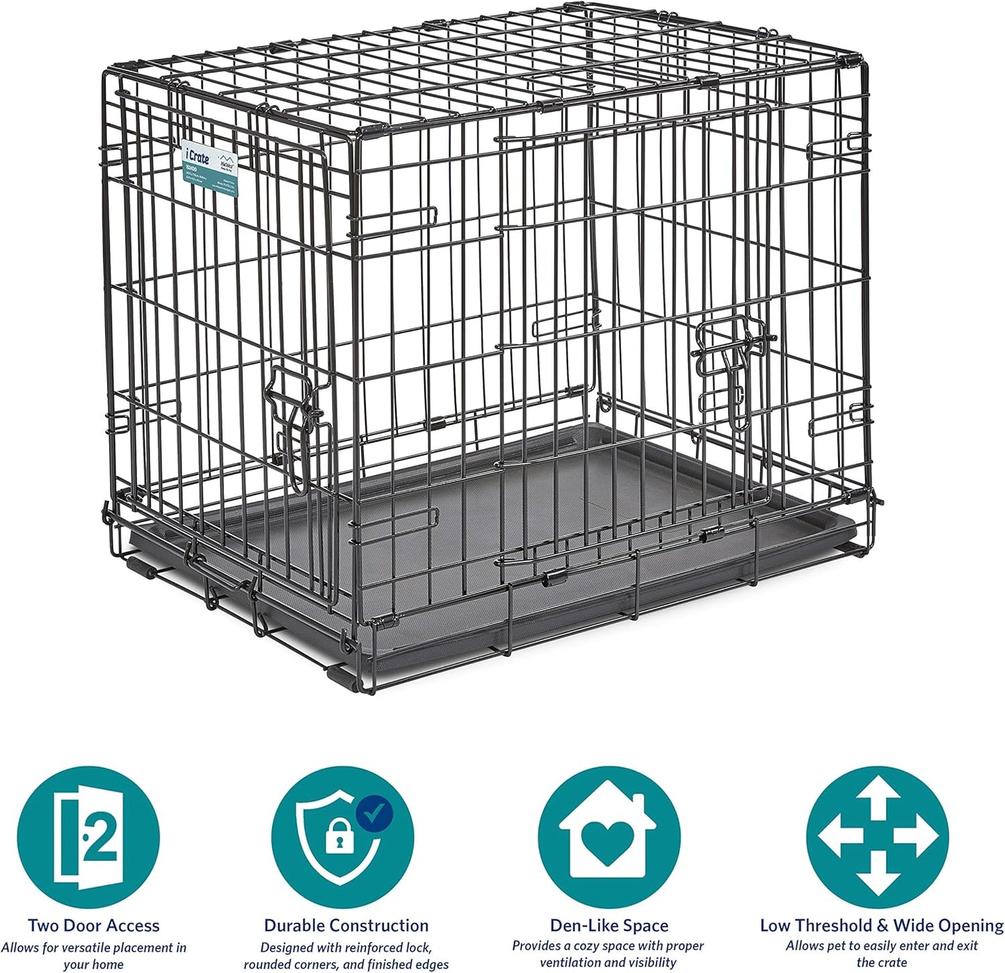 Midwest Homes for Pets 24-Inch Icrate for Small Breeds, 12-20 Lbs, Double Door Folding Dog Crate with Divider Panel, Leak-Proof Tray & Secure Latches, Portable, Durable & Easy to Assemble