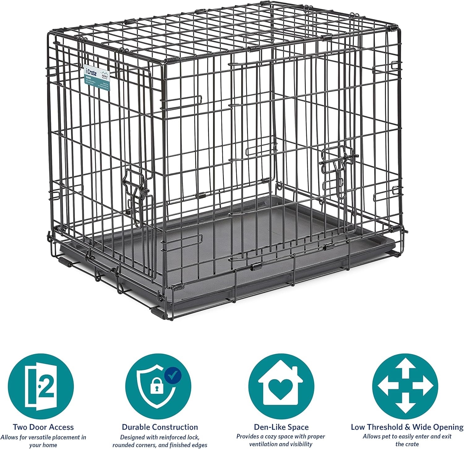 Midwest Homes for Pets 24-Inch Icrate for Small Breeds, 12-20 Lbs, Double Door Folding Dog Crate with Divider Panel, Leak-Proof Tray & Secure Latches, Portable, Durable & Easy to Assemble