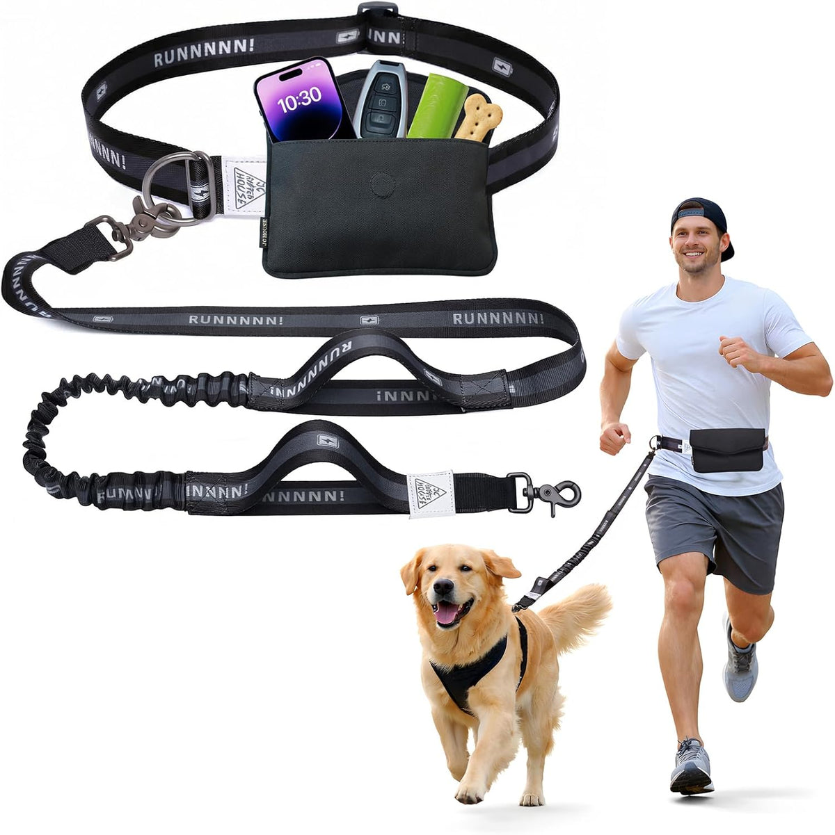 Hands Free Dog Leash with Pouch, Waist Belt, Shock-Absorbing Bungee, Black