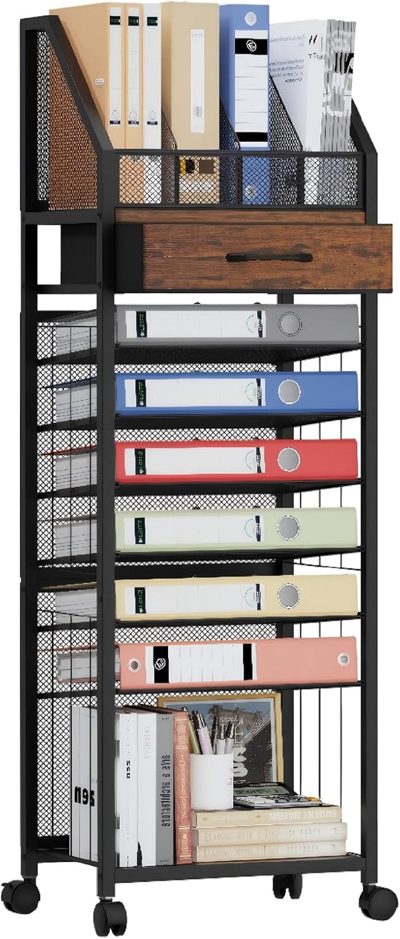9-Tier Rolling File Cart - Paper Organizer with Drawer and Trays, Wood Desk Office Organizer, Office Organization and Binder Storage for Workspace, Home, School, Espresso