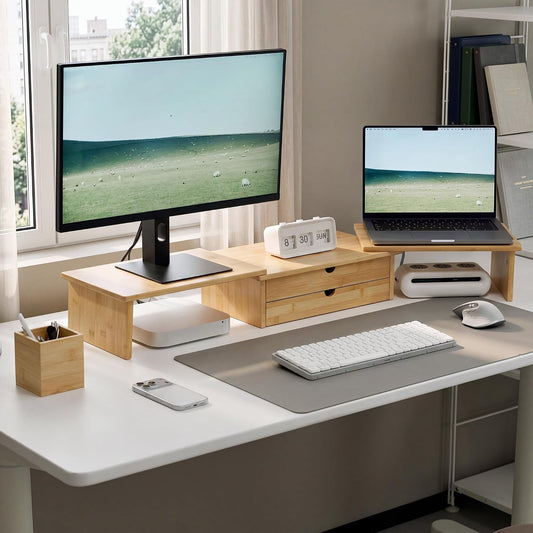 3-In-1 Bamboo Monitor Stand, Modular Desk Riser with Drawers
