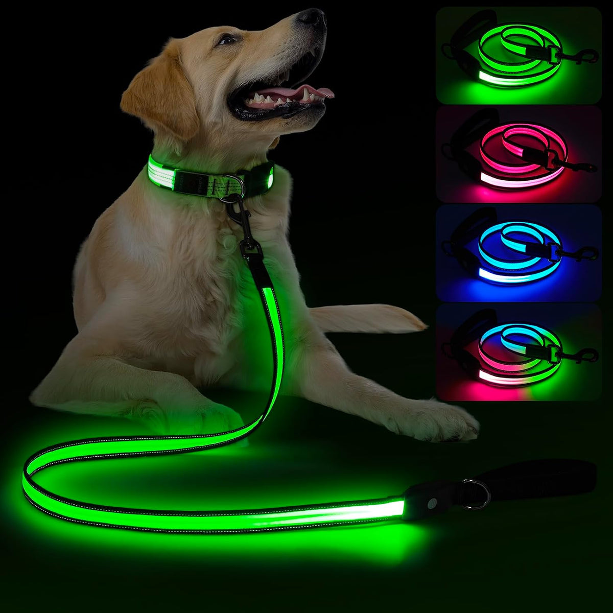 LED Dog Leash Ultra Bright, Waterproof, 7 Lighting Mode, Glow in the Dark & Reflective, Type-C Rechargeable, Battery Indicator, Carabiner Clip for Night Walking Safety, Small to Large Pets