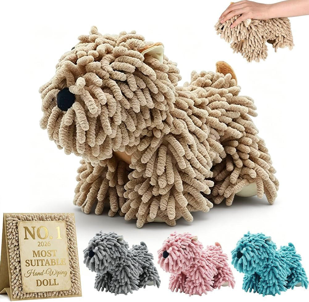 Dog Towel Shaped Hand Chenille Animal Towels for Bathroom Microfiber Puppy Bath Kids Drying Plush Stuffed Paw Absorbent Hands Puppy-Shaped Cute Kitchen Fuzzy Ball Soft Puppy-Themed Shape (Khaki)