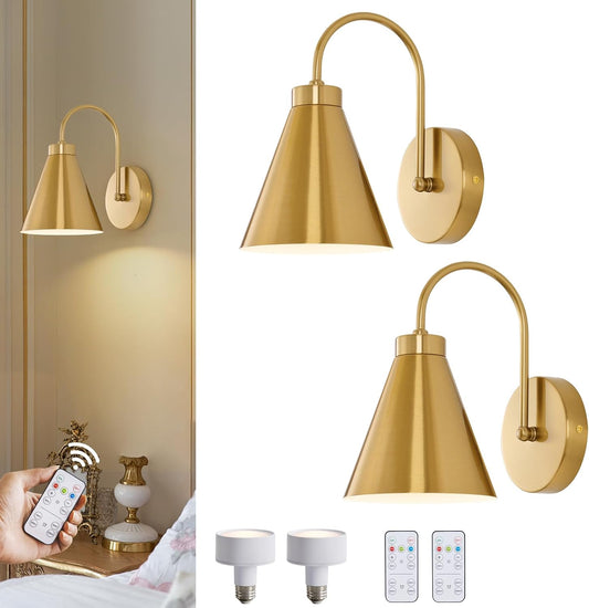 Powfloven Vintage Battery Operated Wall Sconces Set of 2, Gold Cordless Bedside Wall Lamps with Remote, Wireless Gooseneck Indoor LED Lights Fixture for Bedroom Hallway