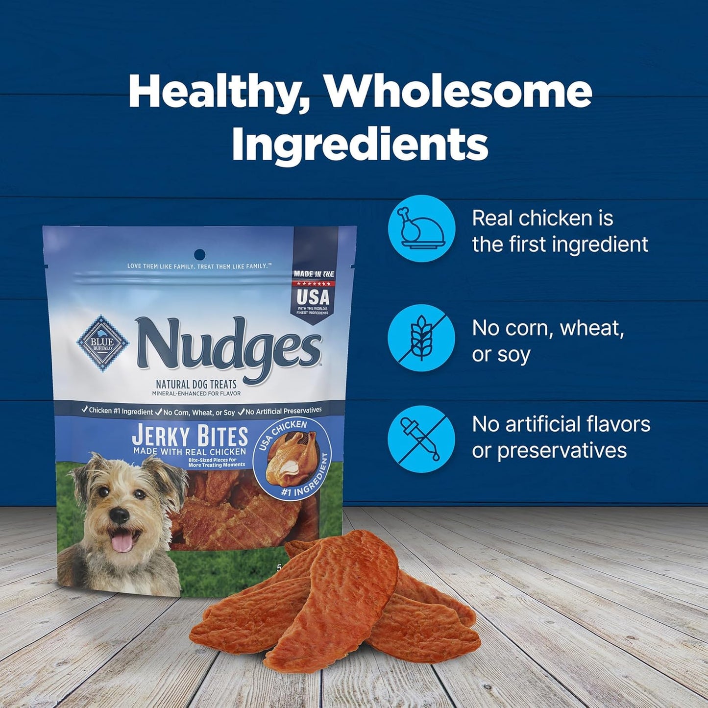 Blue Buffalo Nudges Jerky Bites Dog Treats, Made in the USA with Natural Ingredients, Bite-Sized Pieces, Chicken, 5-Oz Bag