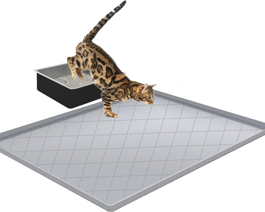 Cat Mat for Litter Box, Large 35" X 22" Cat Litter Mat, Indoor Waterproof Silicone Litter Trapping Pad for Floor, Soft on Kitty Paws, Easy to Clean, Non-Slip, Gray