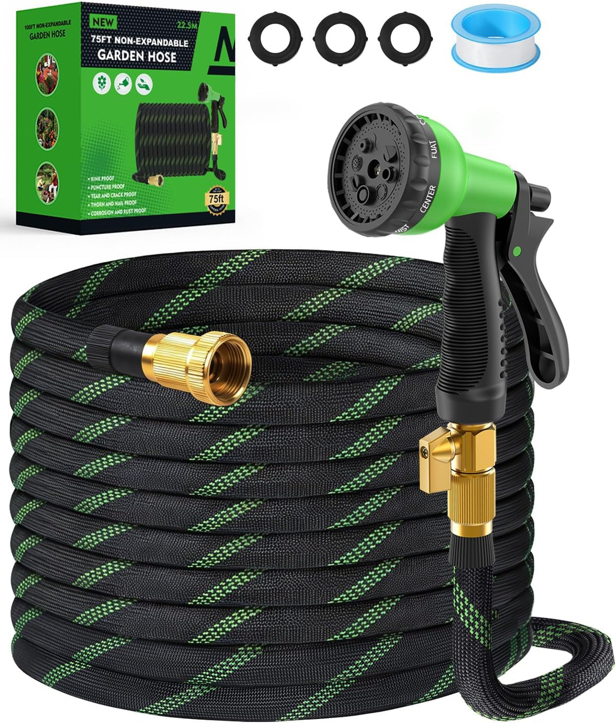 75Ft Garden Hose, Non-Expandable Water Hose with 8 Function Spray Nozzle, Lightweight, Knik-Free, Burst-Resistant, Durable & Flexible 3/4" Garden Hose for Lawn, House Cleaning, Car Washing