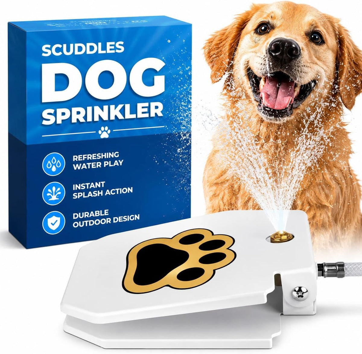 Scuddles Outdoor Dog Water Fountain | Keeps Dogs Cool, Hydrated & Entertained in Hot Weather | Step-On Pedal, Paw Activated Sprinkler & Water Dispenser for Small, Medium & Large Dogs