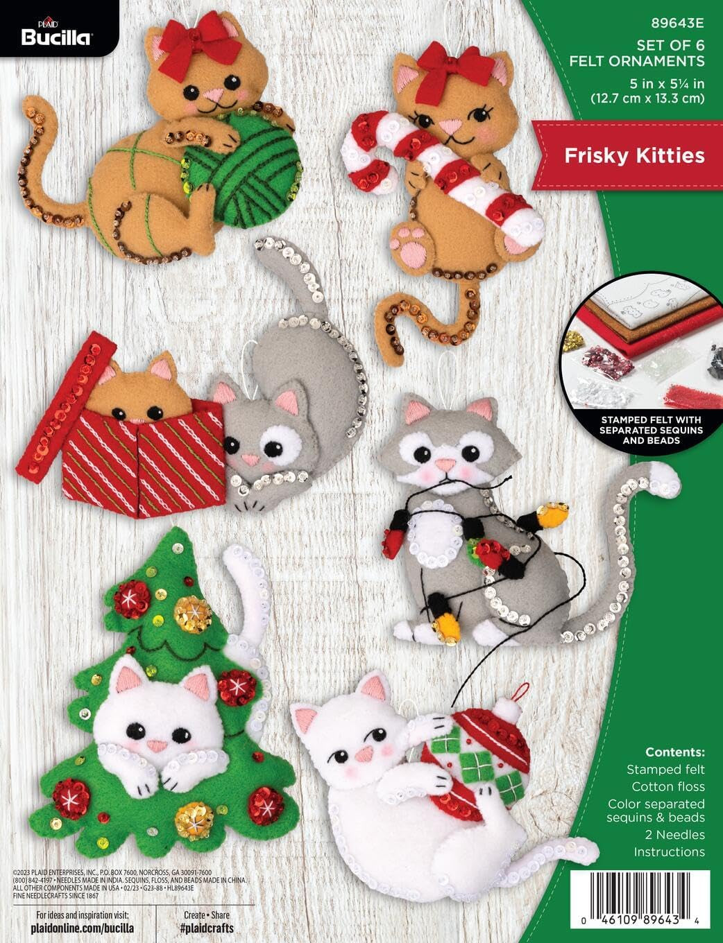 Bucilla Felt Applique 6 Piece Ornament Making Kit, Frisky Kitties, Perfect for Holiday DIY Arts and Crafts, 89643E