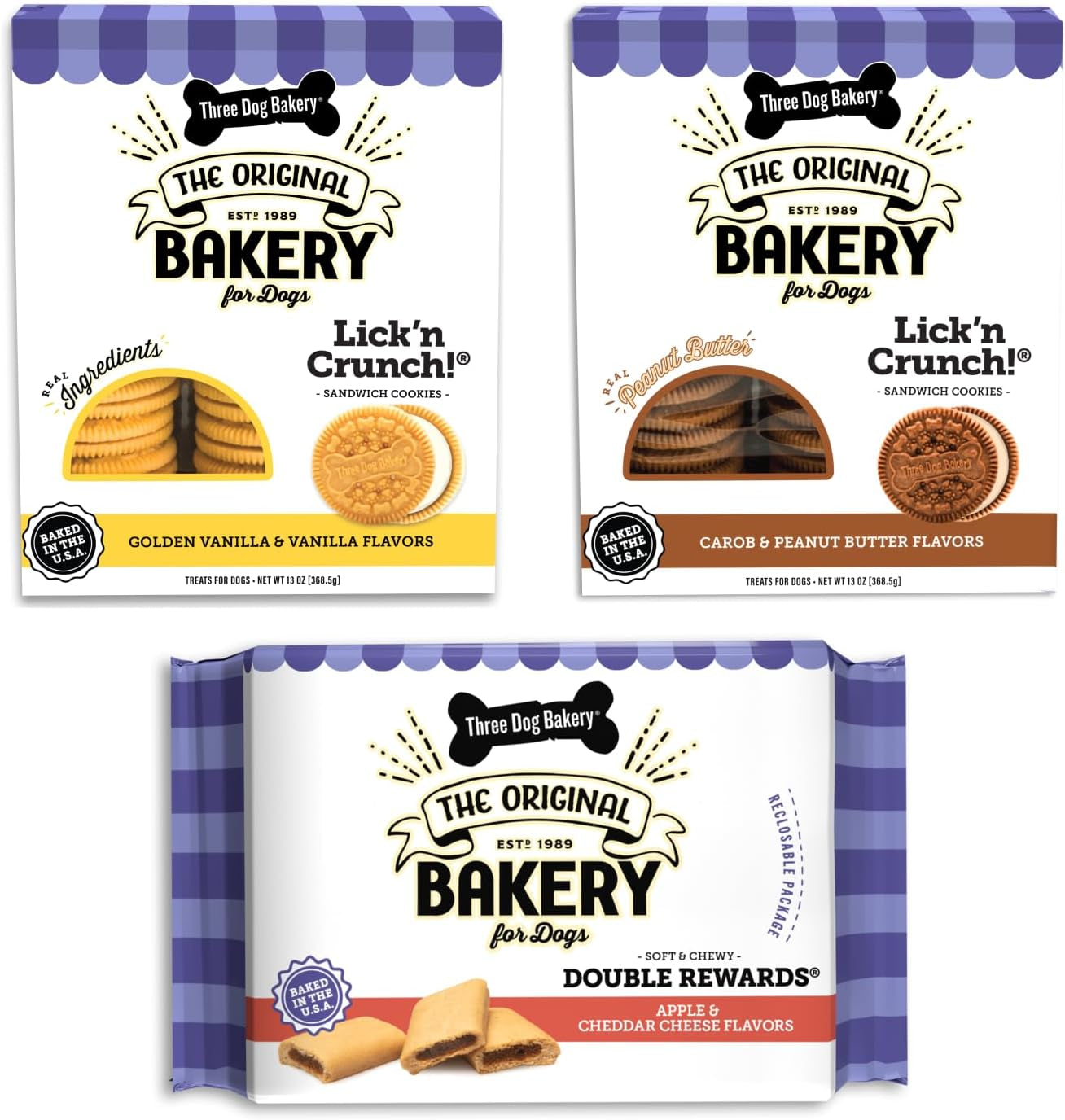 Three Dog Bakery Classic Cookies Variety Pack Dog Treats, Crunchy Baked Dog Cookies, Peanut Butter, Carob, Vanilla, Assorted Flavors, Bulk Dog Treats Made in the USA, 36 Oz (Pack of 3)