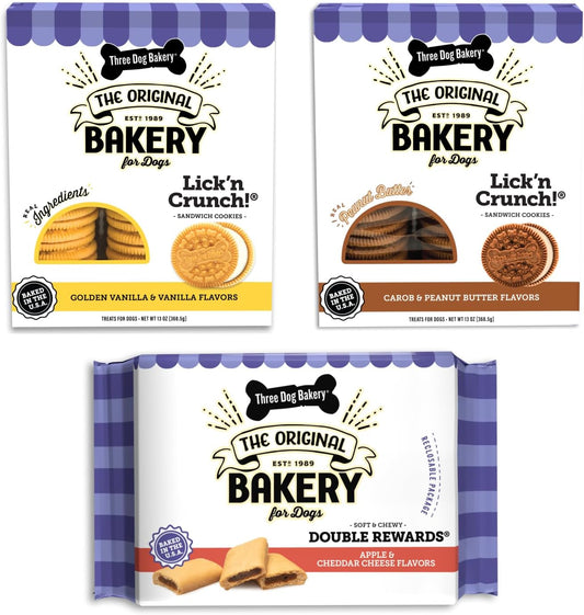Three Dog Bakery Classic Cookies Variety Pack Dog Treats, Crunchy Baked Dog Cookies, Peanut Butter, Carob, Vanilla, Assorted Flavors, Bulk Dog Treats Made in the USA, 36 Oz (Pack of 3)