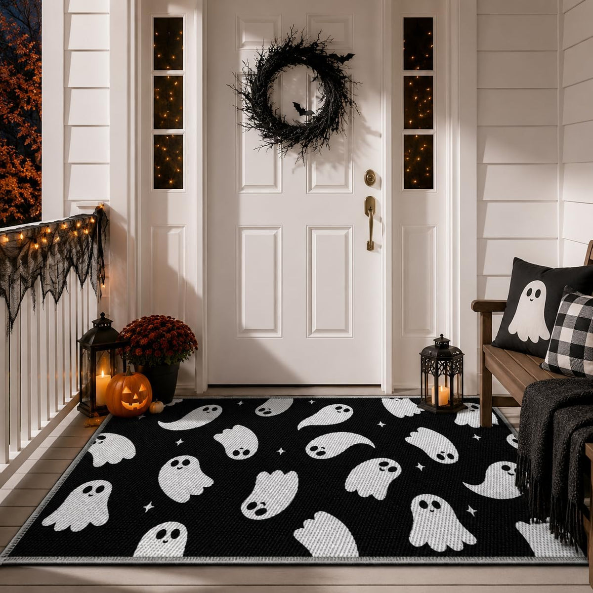 3X5 Ft Halloween Ghost Reversible Plastic Straw Outdoor Rug for Porch