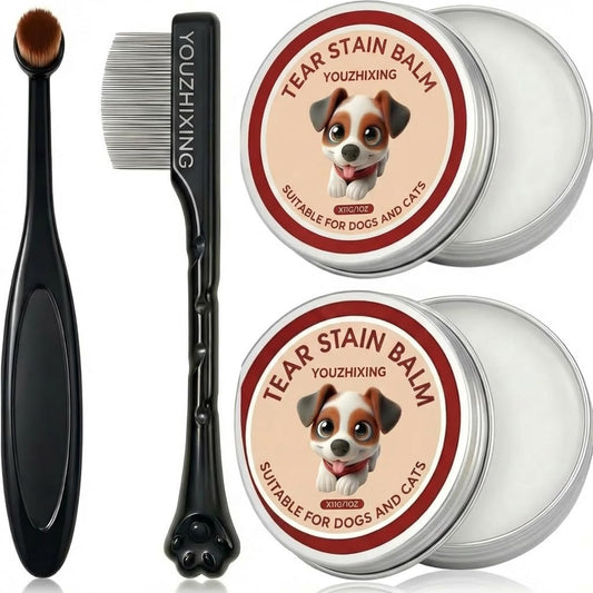 Dog Tear Stain Remover Powder for Dogs & Cats with Applicator Brush – Pet Eye Cleaner for Tear Stains, Eye Gunk & Build-Up, Daily Grooming for White & Light Fur Pets (4In1)