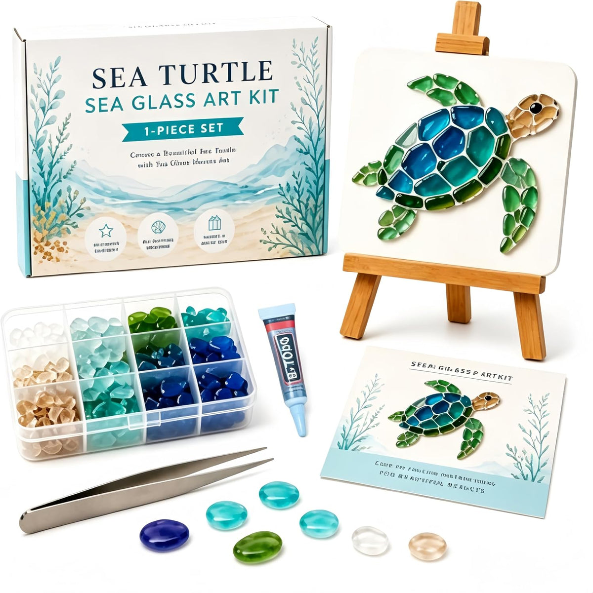 Sea Glass Art Kit, DIY Sea Glass Mosaic Art Kit,Ocean-Themed Seaglass Craft Kit with Colorful Glass Pieces,(Turtle)