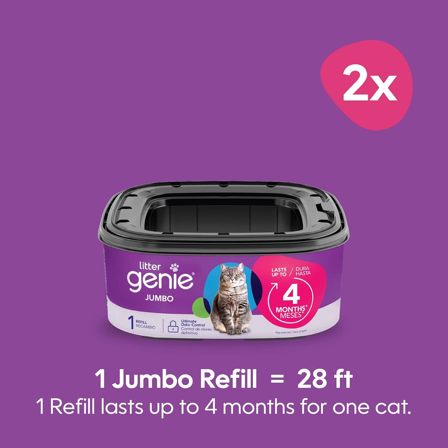Litter Genie Refill Bags | Jumbo 2-Pack, 56 Total Ft | up to 8 Months of Supply in 2 Cartridges | Ultimate Odor Control Cat Litter Bags