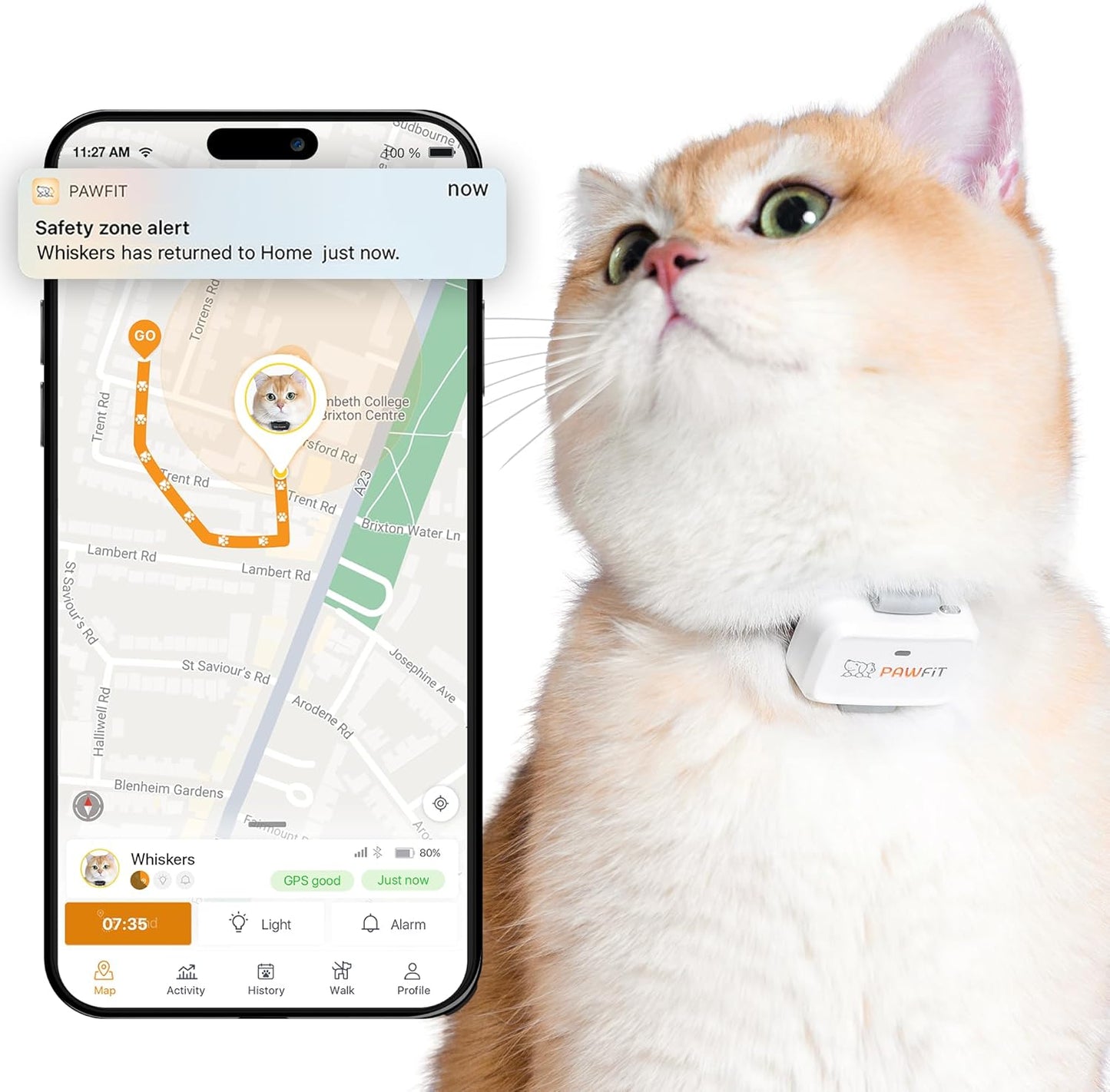 Pawfit Lite for Cats 4G GPS Tracker | Ultra-Small (<18G) Design | Real-Time Tracking | Activity Monitoring | Location History | Unlimited Range | Safety Collar Included | Simply White