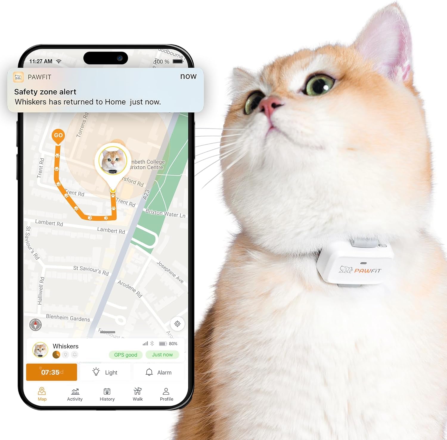 Pawfit Lite for Cats 4G GPS Tracker | Ultra-Small (<18G) Design | Real-Time Tracking | Activity Monitoring | Location History | Unlimited Range | Safety Collar Included | Simply White