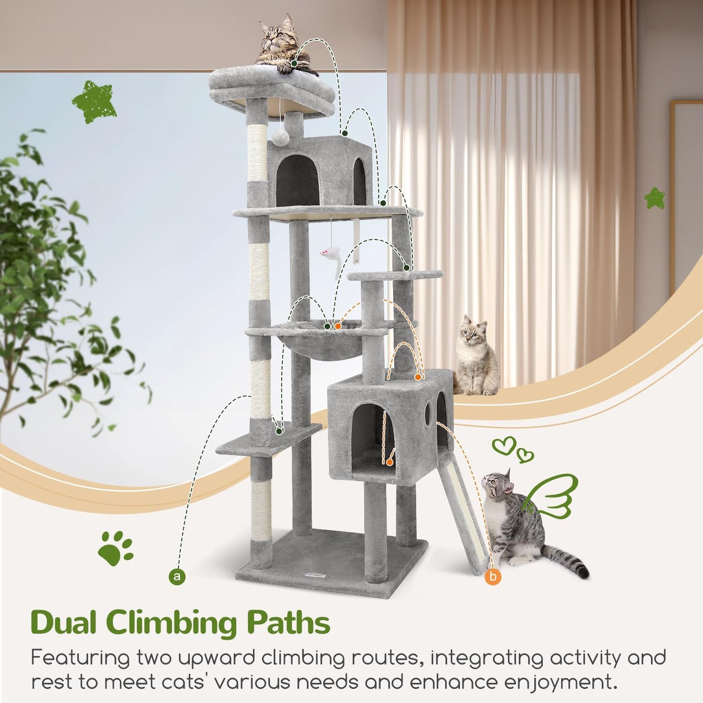 Globlazer Heavy Duty Cat Tree, 70 Inch Sturdy Cat Tree for Indoor Cats Extra Large Cat Tower with Scratching Post, Hammock, Cat Condo for Adult Cats Kittens, F70 Pro, Light Grey