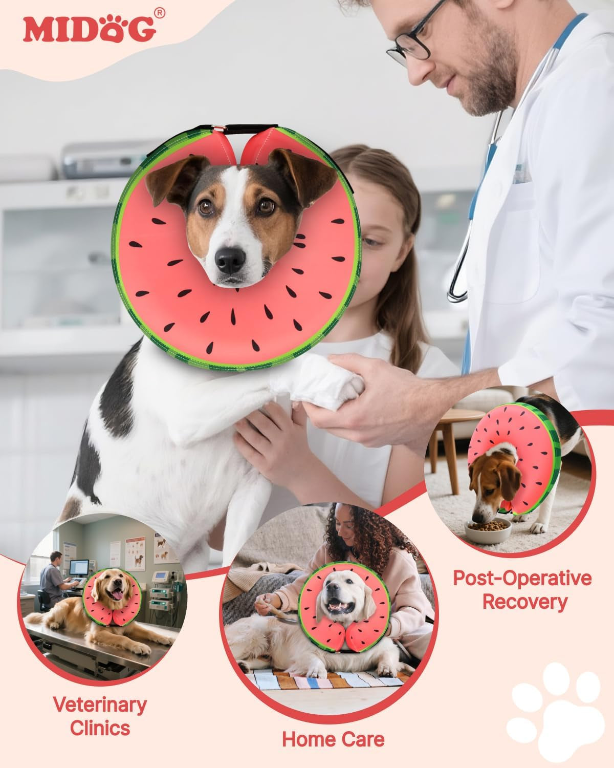 MIDOG Soft Inflatable Dog Cone, Donut E-Collar Alternative for after Surgery, Prevents Licking, Allowing Normal Eating & Vision, Comfortable Recovery Collar for Small Medium Large Dogs & Cats, Red-M