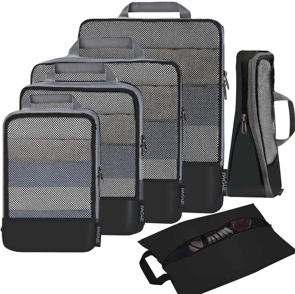 BAGAIL 4 Set/6 Set/8 Set Compression Packing Cubes Travel Accessories Expandable Packing Organizers (Half Mesh, 6-Black)