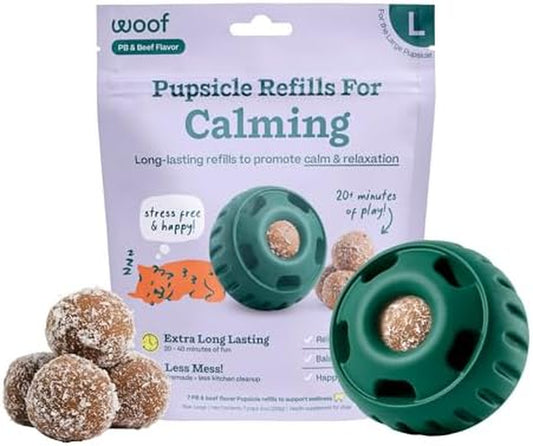WOOF Pupsicle Calming Starter Kit - Pupsicle and Calming Pops Bundle - Long-Lasting Interactive Dog Toy - 7 Refills with Thiamine, Tryptophan, Passion Flower for Medium and Large Dogs 25-75 Lbs