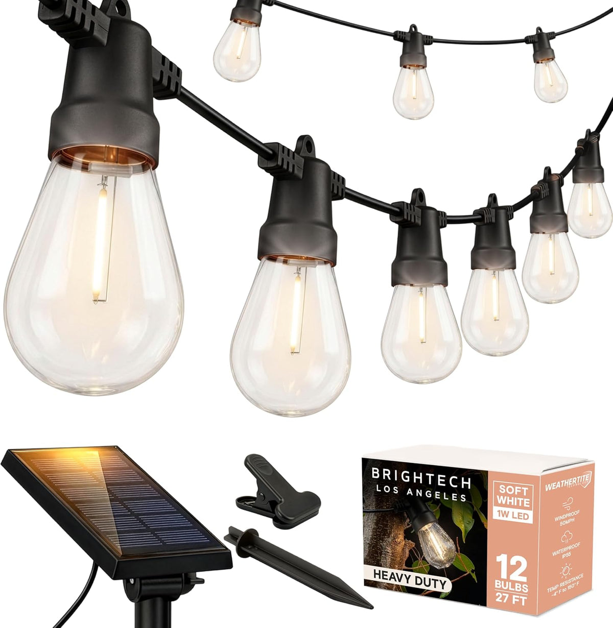 Brightech Ambience Pro Solar Powered Outdoor String Lights -27 Ft Commercial Grade Waterproof Edison Patio Lights, Shatterproof LED String Lights for Outside, Porch - 12 Bulbs, 1W Soft White