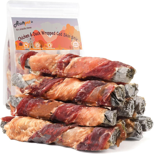 Dog Cod Skin Treats, Chicken & Duck Wrapped Cod Skin Sticks