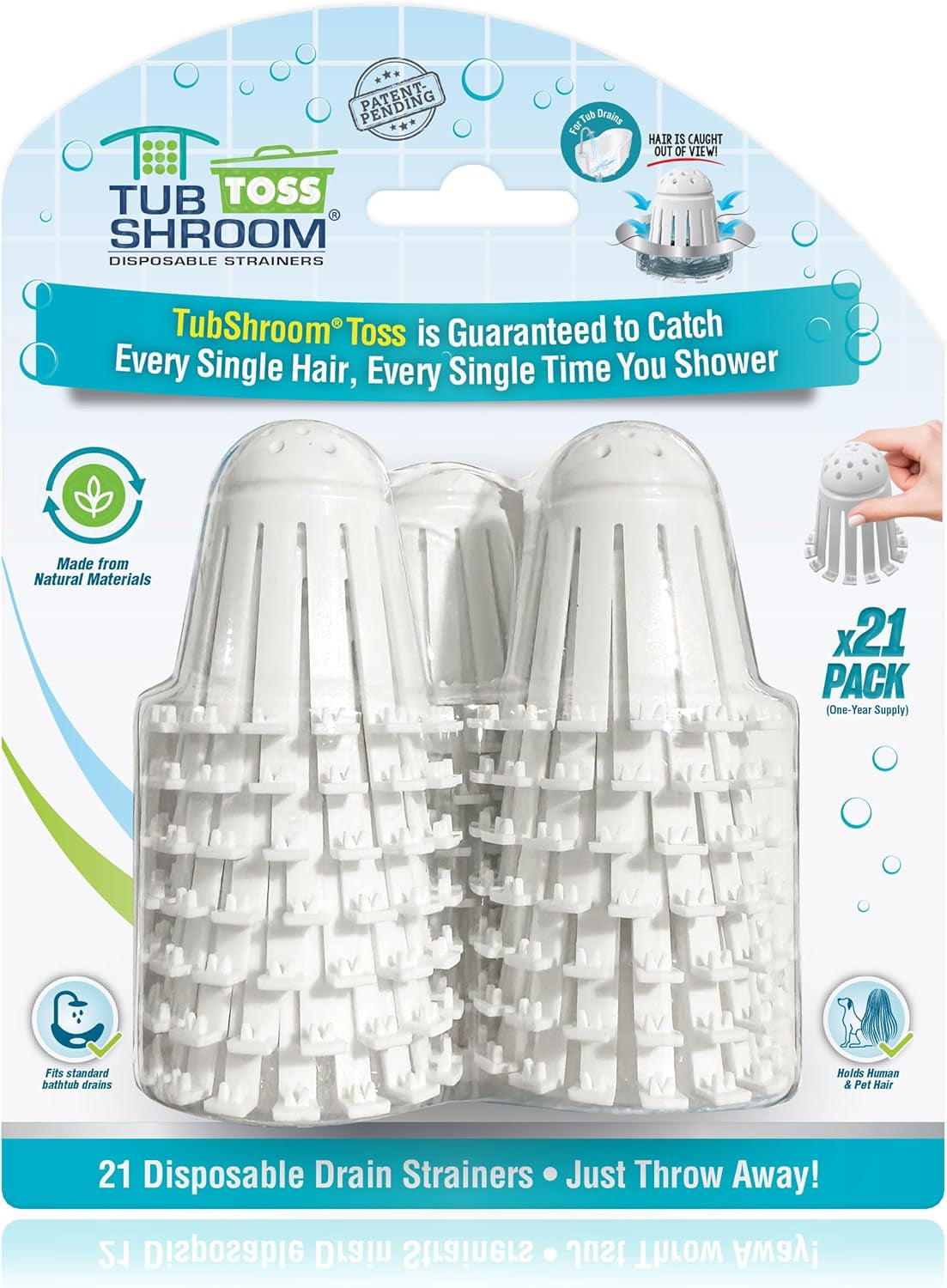 Tubshroom Toss 21Pk Disposable Bath Tub Drain Strainers - Hair Catcher Snare for Shower Bathtub to Prevent Clogged Drains, Traps Human and Pet Hair, One Year Supply (White)