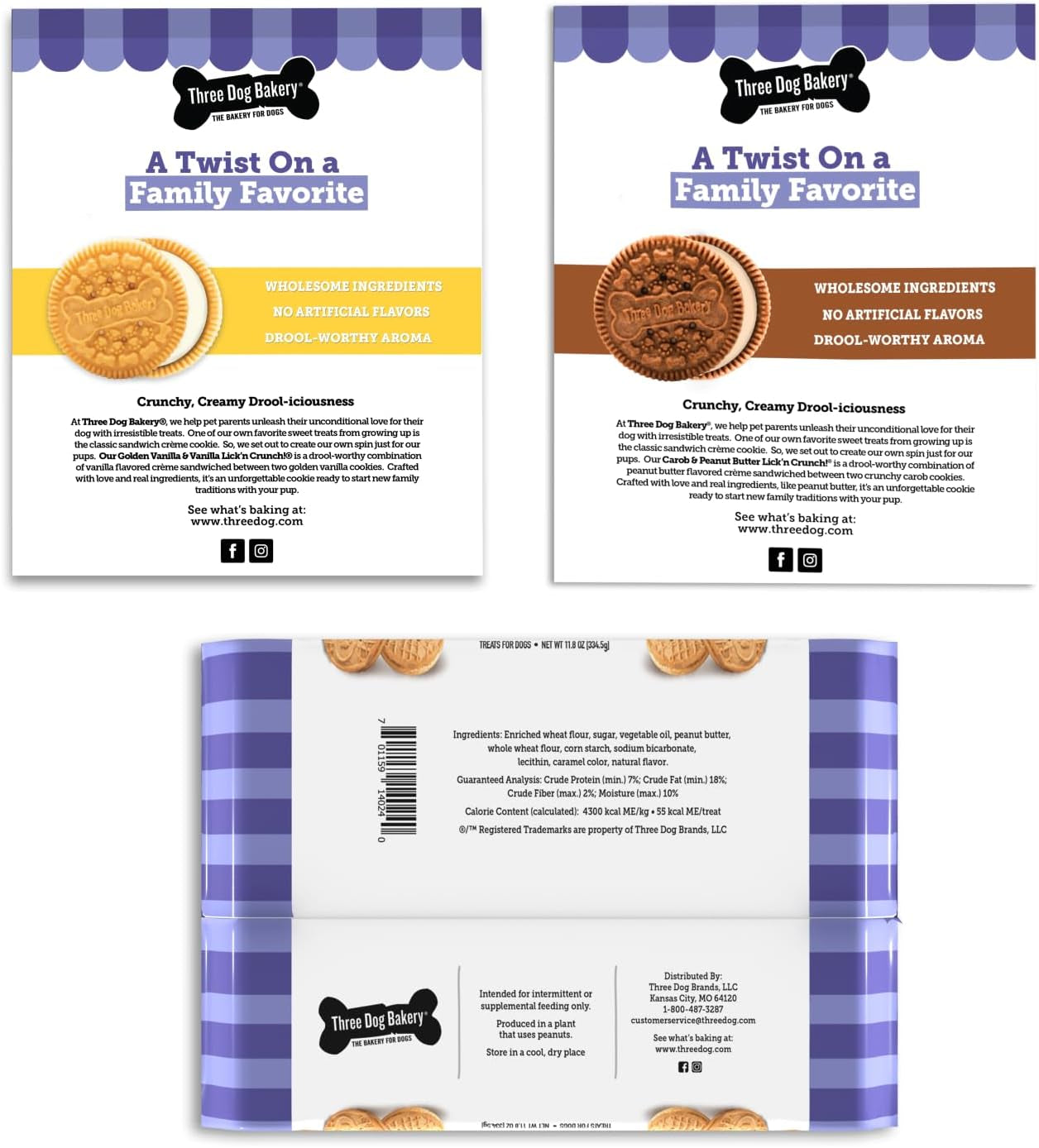 Three Dog Bakery Lick'N Crunch! Sandwich Cookies Variety Pack Premium Treats for Dogs, Carob/Peanut Butter, Golden/Vanilla, & Pupper Butters, 37.8 Ounces, 3-Pack