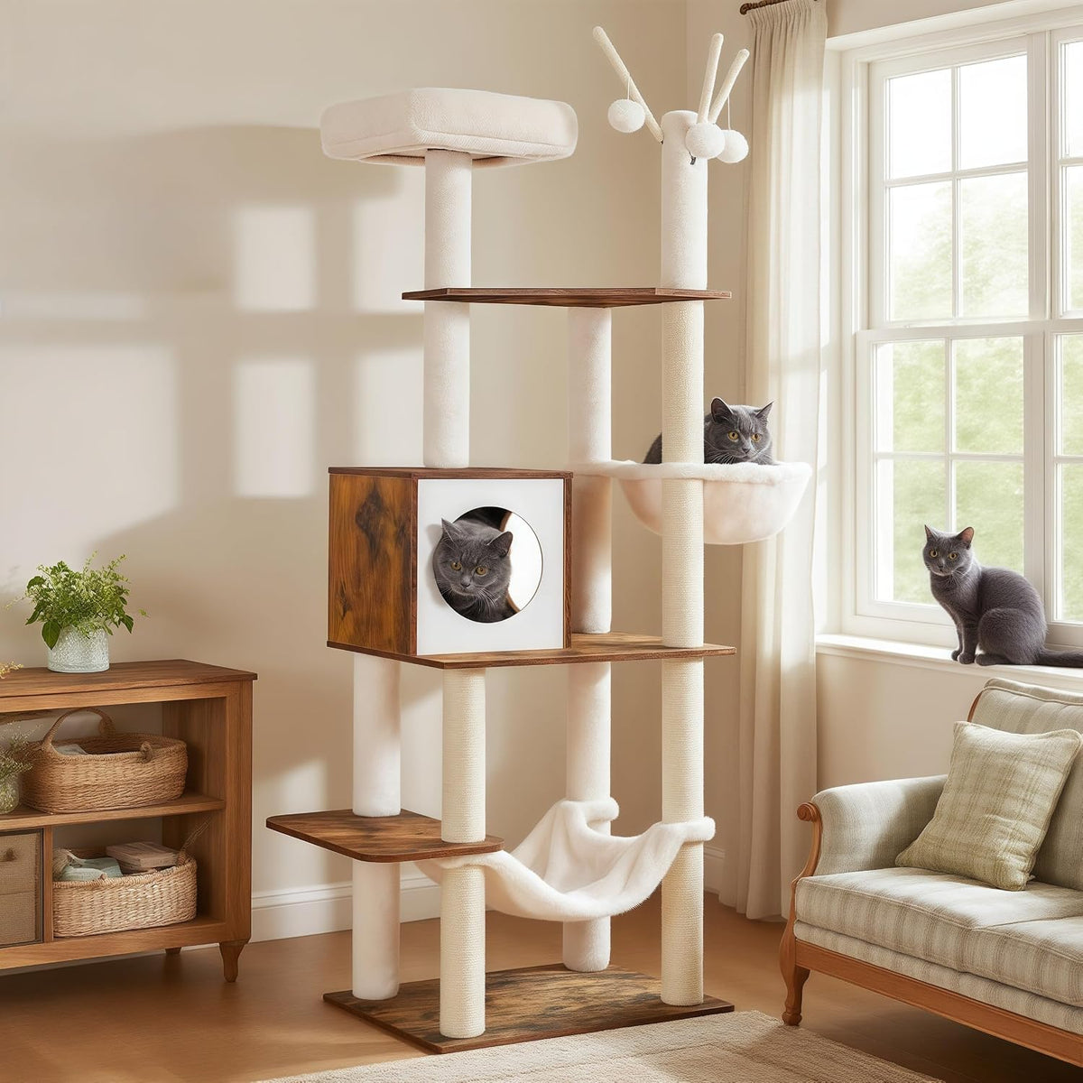 Hey-Brother Wooden Cat Tree Tower with Hammock for Indoor Cats, MPJ120SR