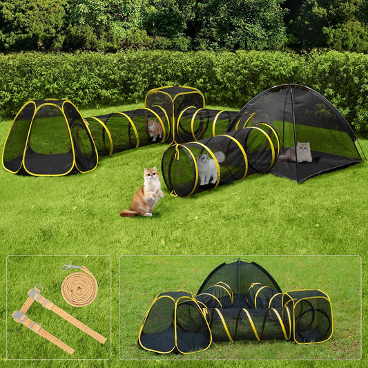 VIVOHOME 6-In-1 Outdoor Cat Enclosure with Playhouse, 2 Tents & 3 Tunnels