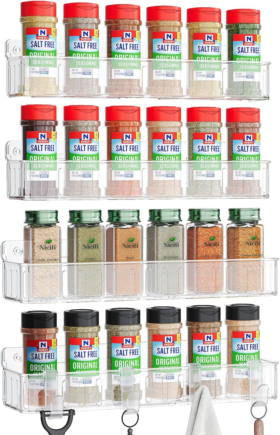Nieifi Spice Rack Wall Mount, 4 Pack Clear, 2" Depth, Screw/Adhesive