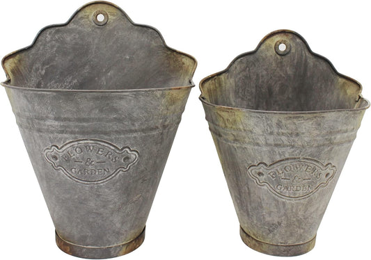 CVHOMEDECO. Farmhouse Galvanized Wall Planter Rustic Metal Flower Holder Wall Mount Flower Pots for Garden and Wall Decor, Set of 2