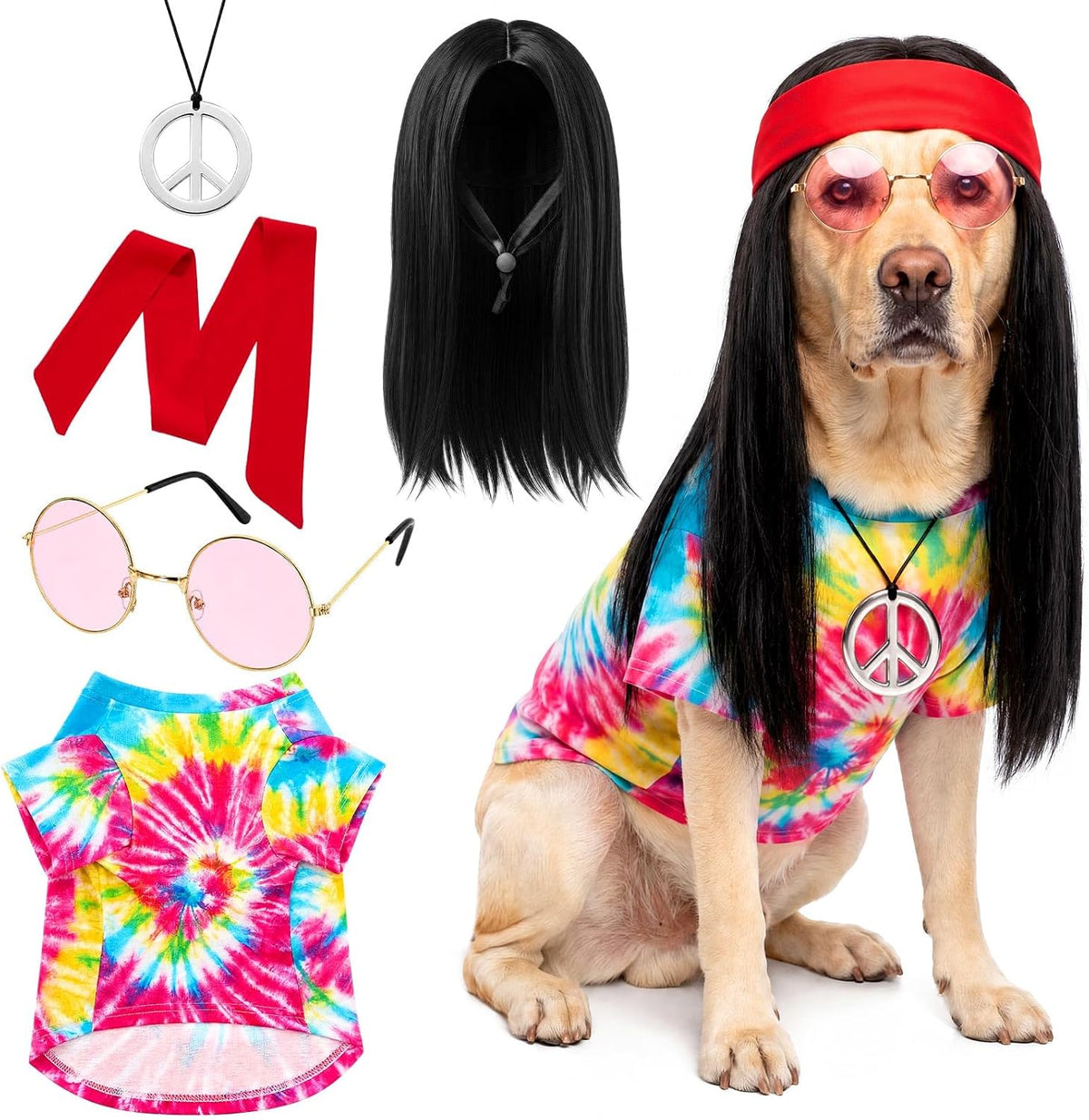 Hillban 5 Pcs Hippie Dog Costume Halloween Pet Costume Accessories, L
