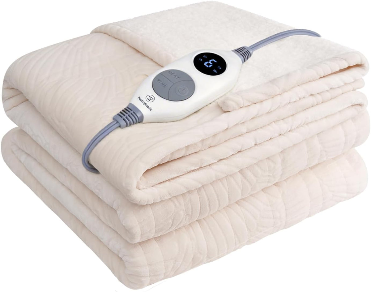 Westinghouse Heated Throw Flower Jacquard Flannel Sherpa 50X60 Beige
