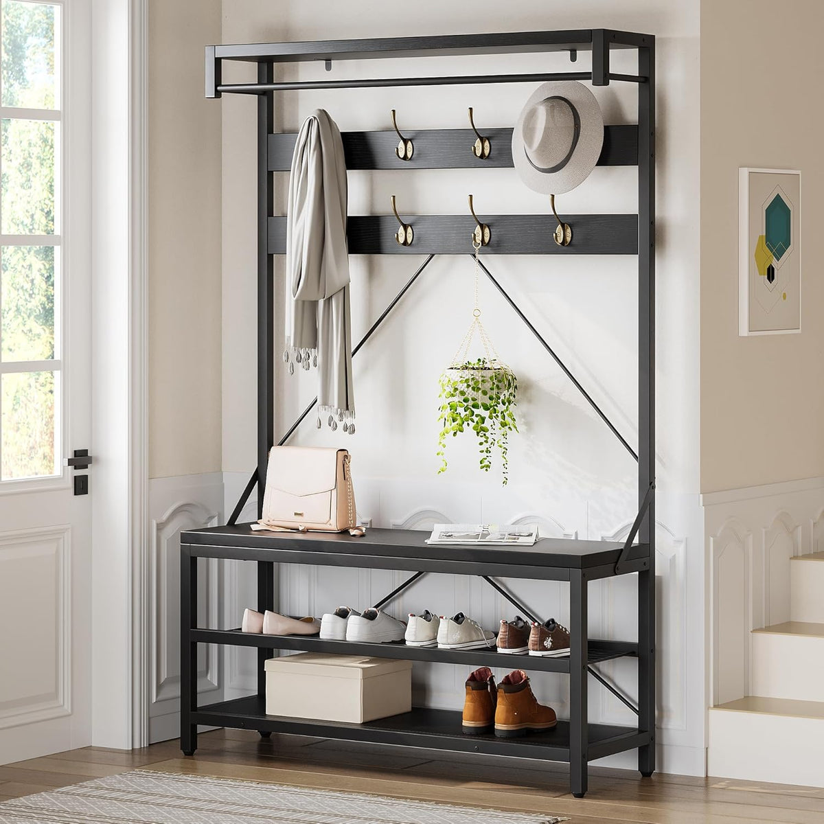 Precisionauto Hall Tree with Bench & 2-Tier Shoe Storage, Industrial Entryway Coat Rack Organizer with Hooks, Hanging Rod and Top Shelf, Sturdy Hallway Furniture for Mudroom Hallway Bedroom