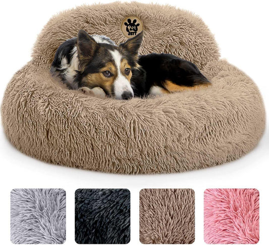 Petjett Calming Medium Dog Bed - 30'' round Dog Beds - Washable Dog Bed - Anti-Slip Super Soft Fluffy Plush Donut Bed, Anti-Anxiety Premium Comfort Pet Bed, Fits Dogs up to 45 Lbs - Beige