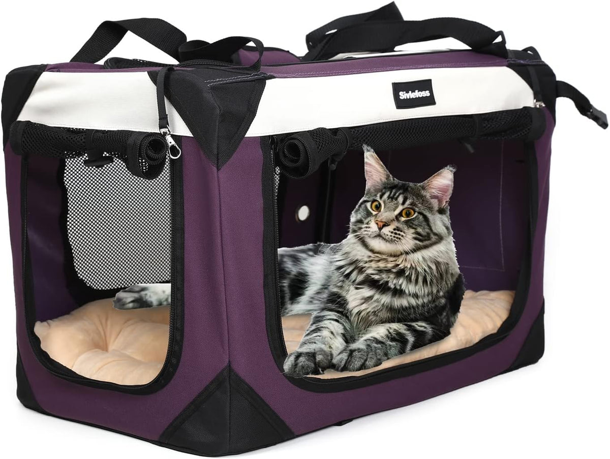 Large Cat Carrier, Collapsible Dog Travel Crate Portable Soft-Sided Pet Carrier with Super Soft Warm Plush Mat for Indoor and Outdoor 24X16X16In,Purple