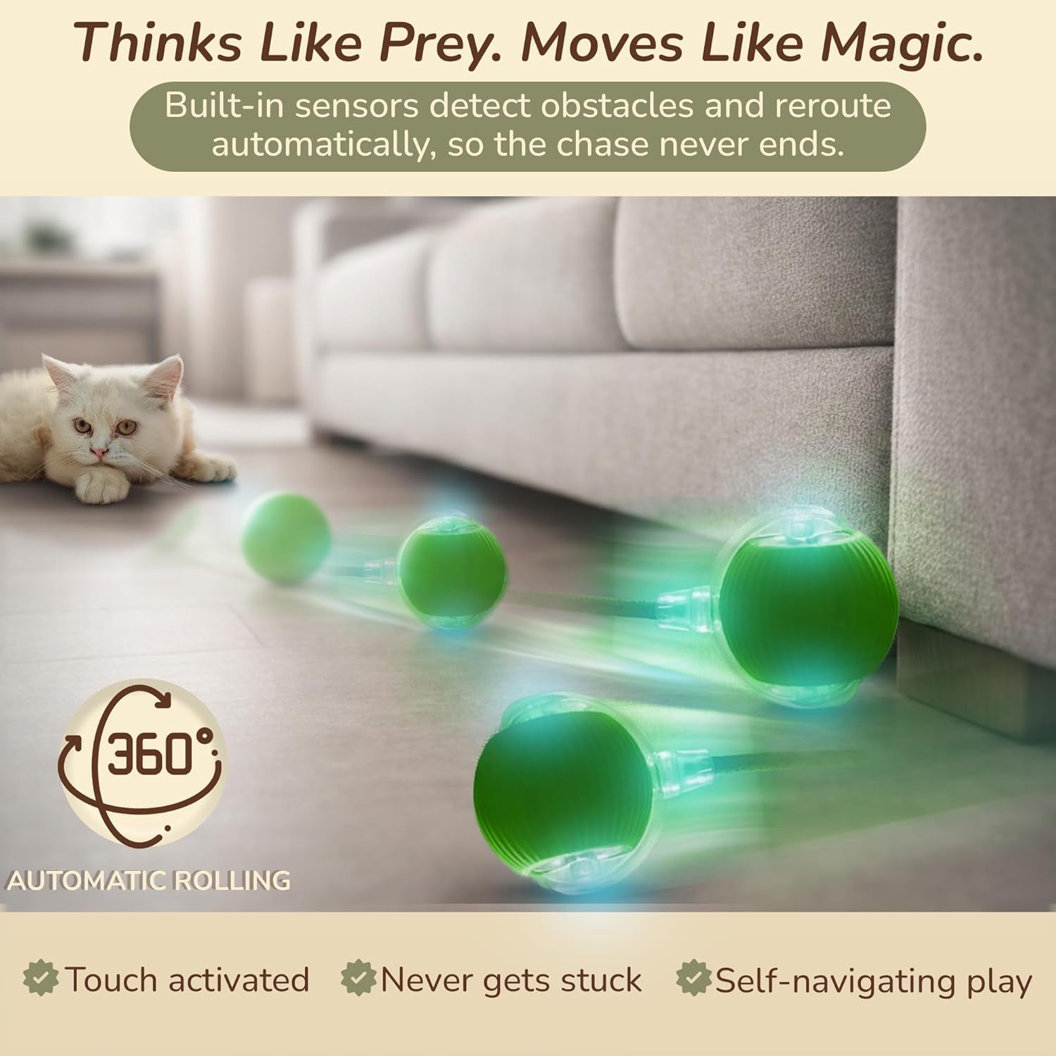 Rechargeable Smart Ball 2.0 Automatic Cat Toy - Interactive Cat Toys for Indoor Cats - Motion Activated Moving Cat Ball Toy, Self Rolling Interactive Dog Toys for Small Dogs with 3 Speed Modes [Green]