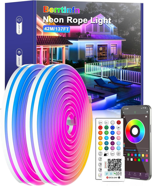 137Ft LED Neon Strip Lights with Remote and APP Control, RGB Color Changing Rope Lights, 24V IP65 Waterproof Flexible Neon Lights for Bedroom,Outdoors Décor